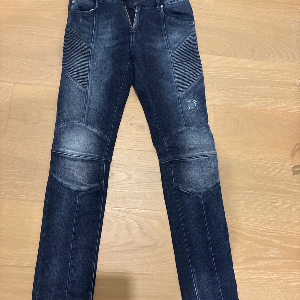 Balmain Navy Skinny Jeans with Ribbed Accents